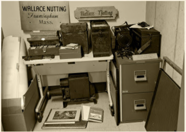 nutting camera Several items from American photographer, Wallace Nutting sit on tables and his camera sits on the floor.