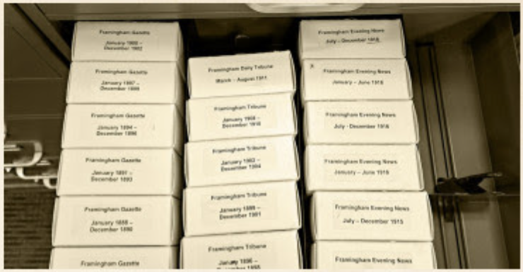metrowest microfilm Several small boxes of microfilm of the MetroWest Daily News in a drawer